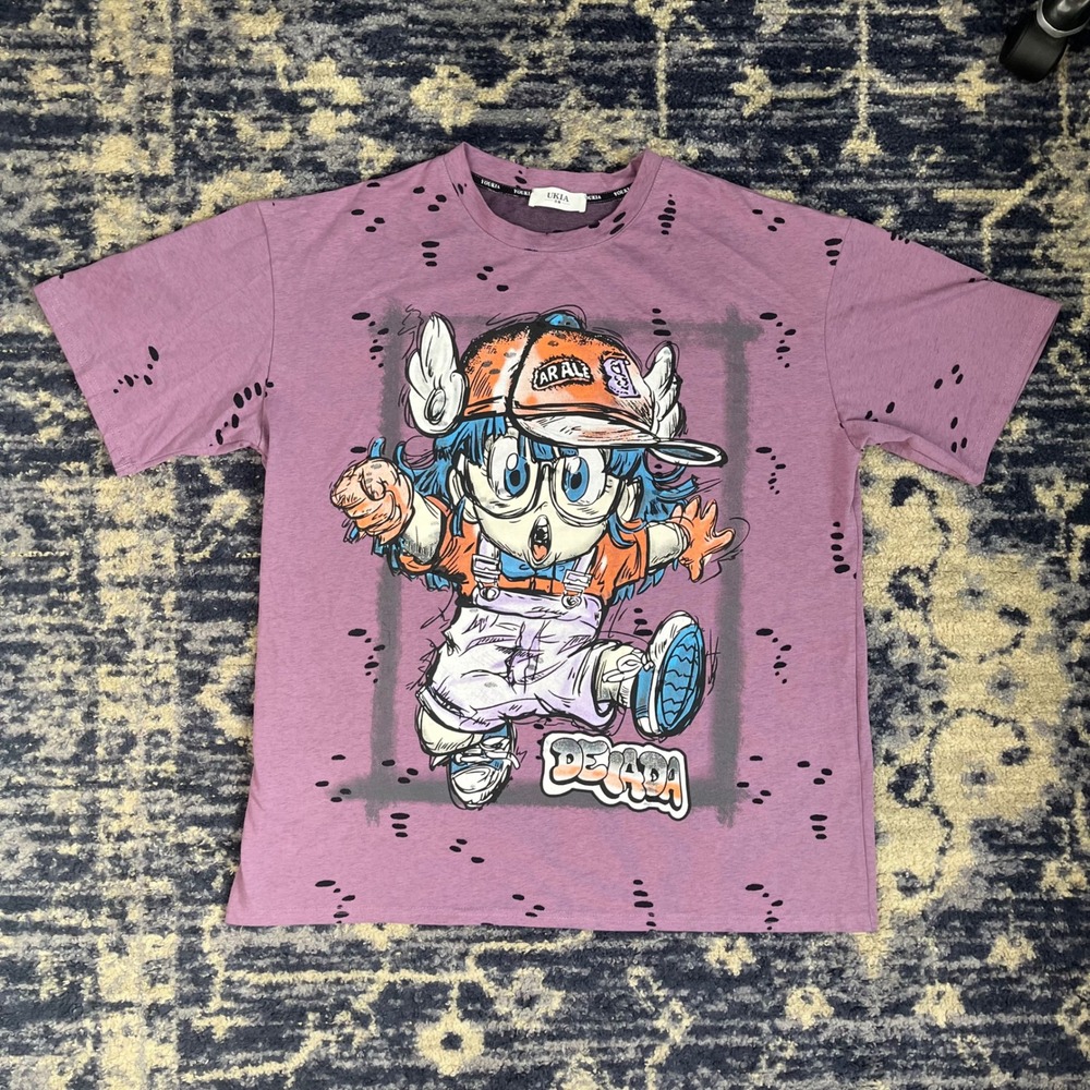 UKIA Arale Norimaki Graphic T-Shirt Purple Distressed Anime Dr Slump Dejada Tee